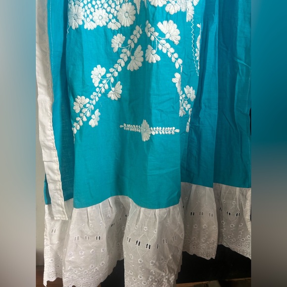 Vintage Boho Mexican Cotton Embroidered Turquoise Apron Halter Dress Size S - Picture 3 of 6